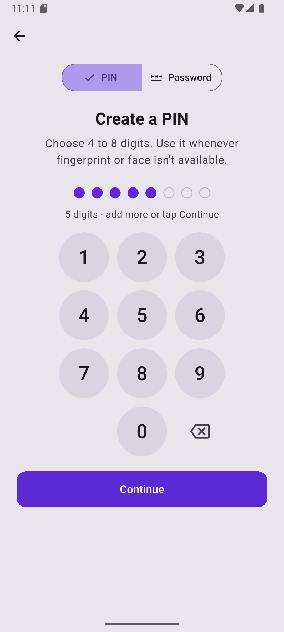 Create a PIN or password